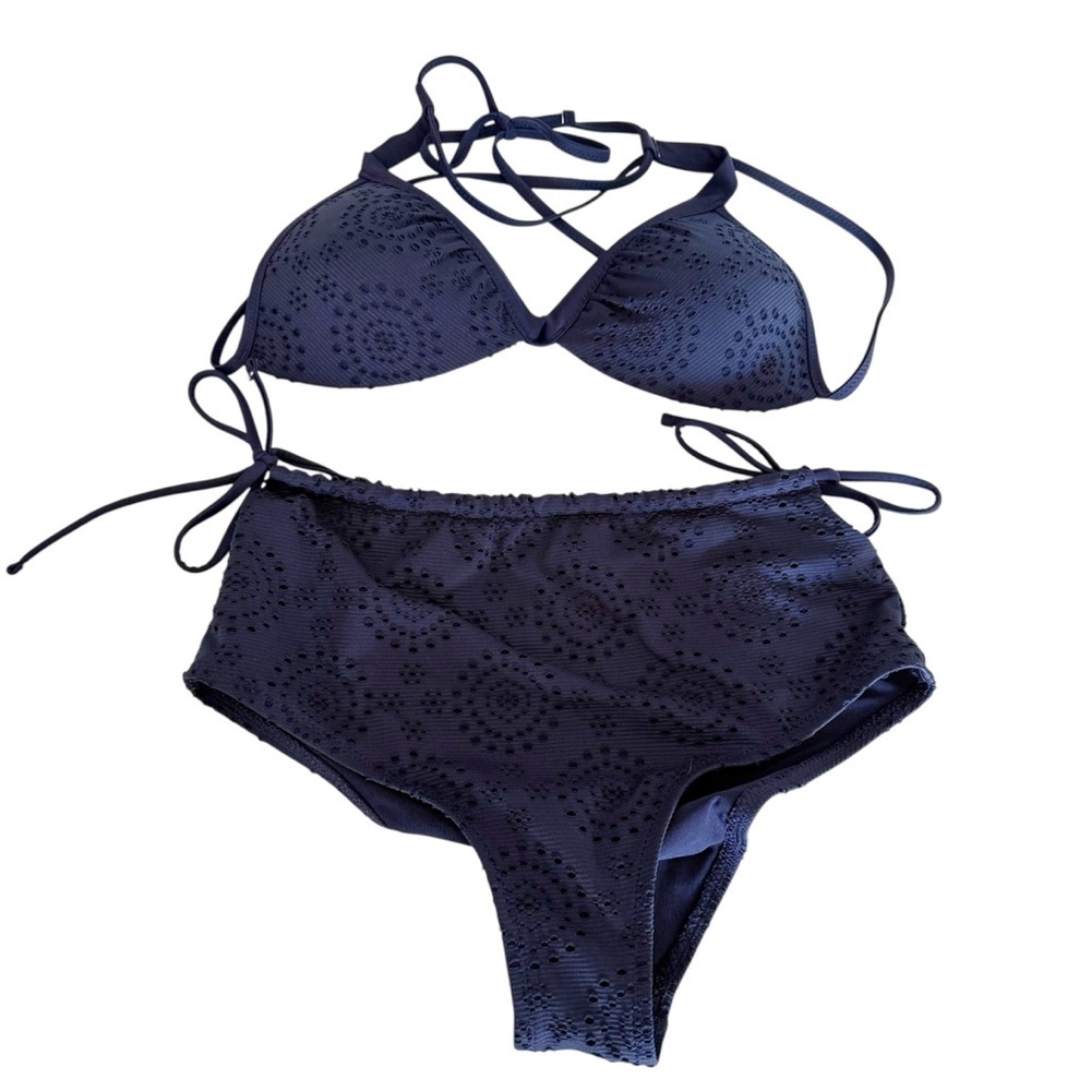 Aerie Eyelet Lace High Waist String Bikini Triangle Top & Bottom Navy Blue